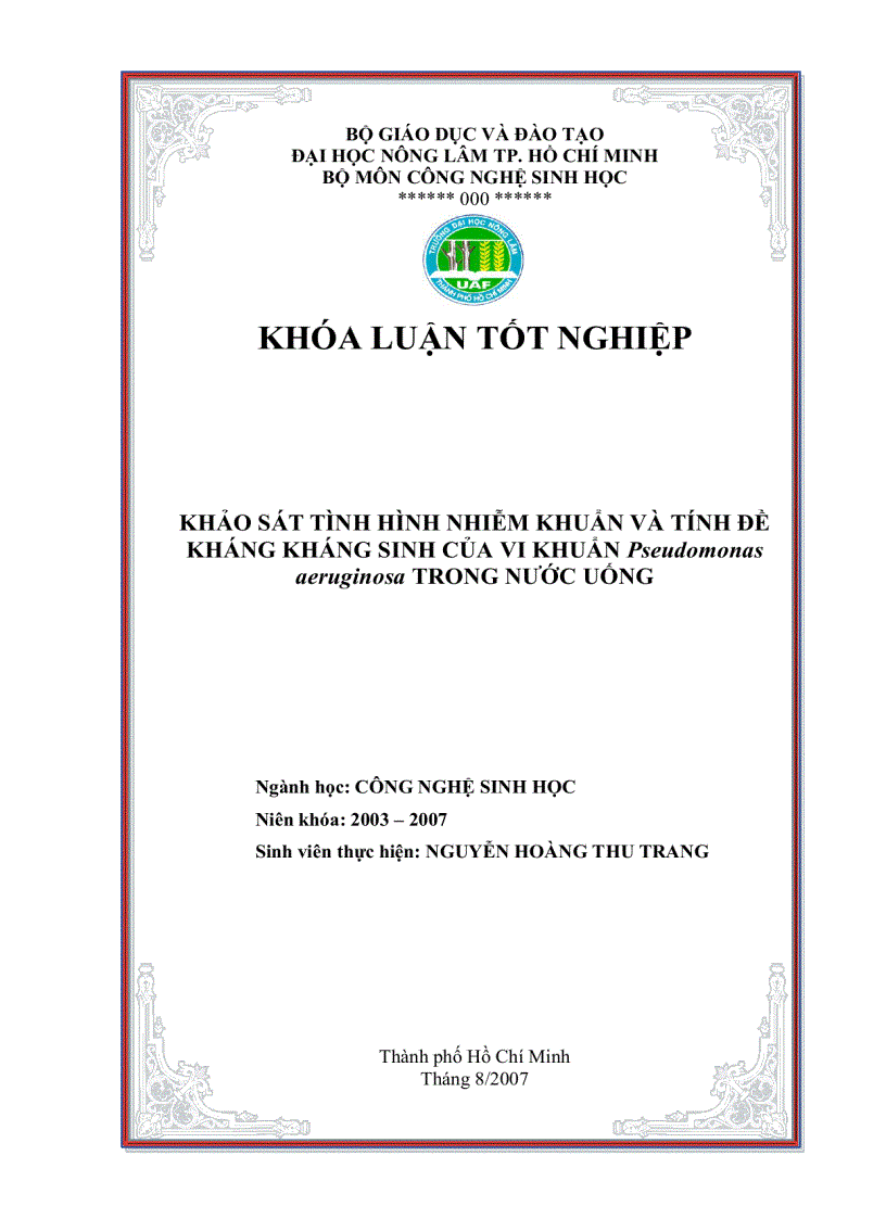 Khảo sát tình hình nhiễm khuẩn và tính đề kháng kháng sinh của vi khuẩn Pseudomonas aeruginosa trong nước uống