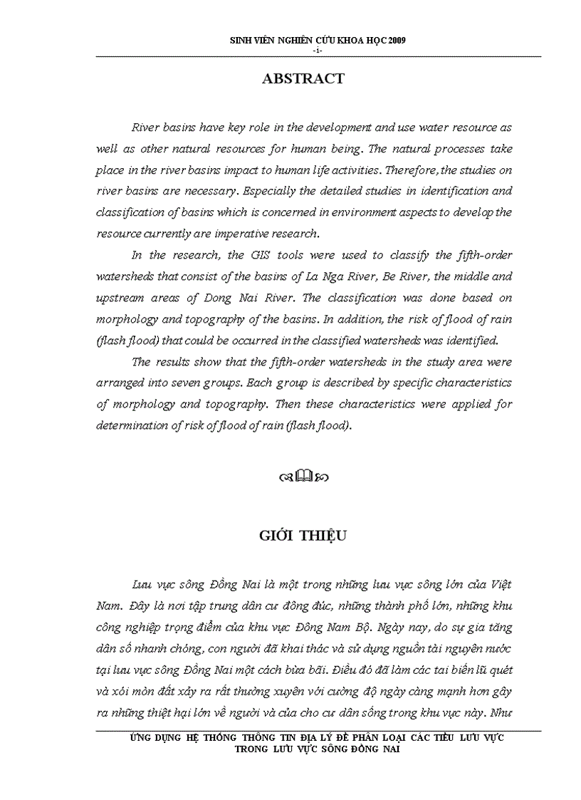 Ứng dụng Hệ Thống Thông Tin Địa Lý để phân loại các tiểu lưu vực trong lưu vực sông Đồng Nai