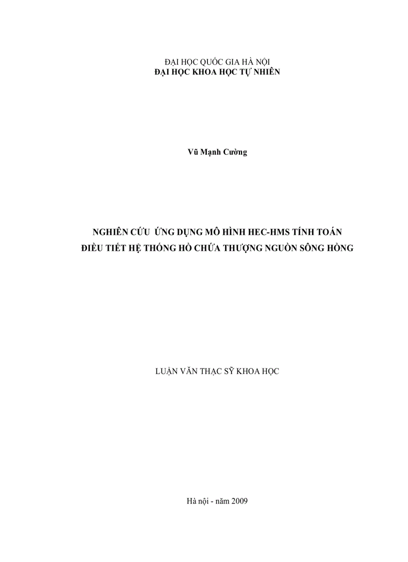 Nghiên cứu ứng dụng mô hình HEC HMS tính điều tiết hệ thống hồ chứa thượng nguồn sông Hồng