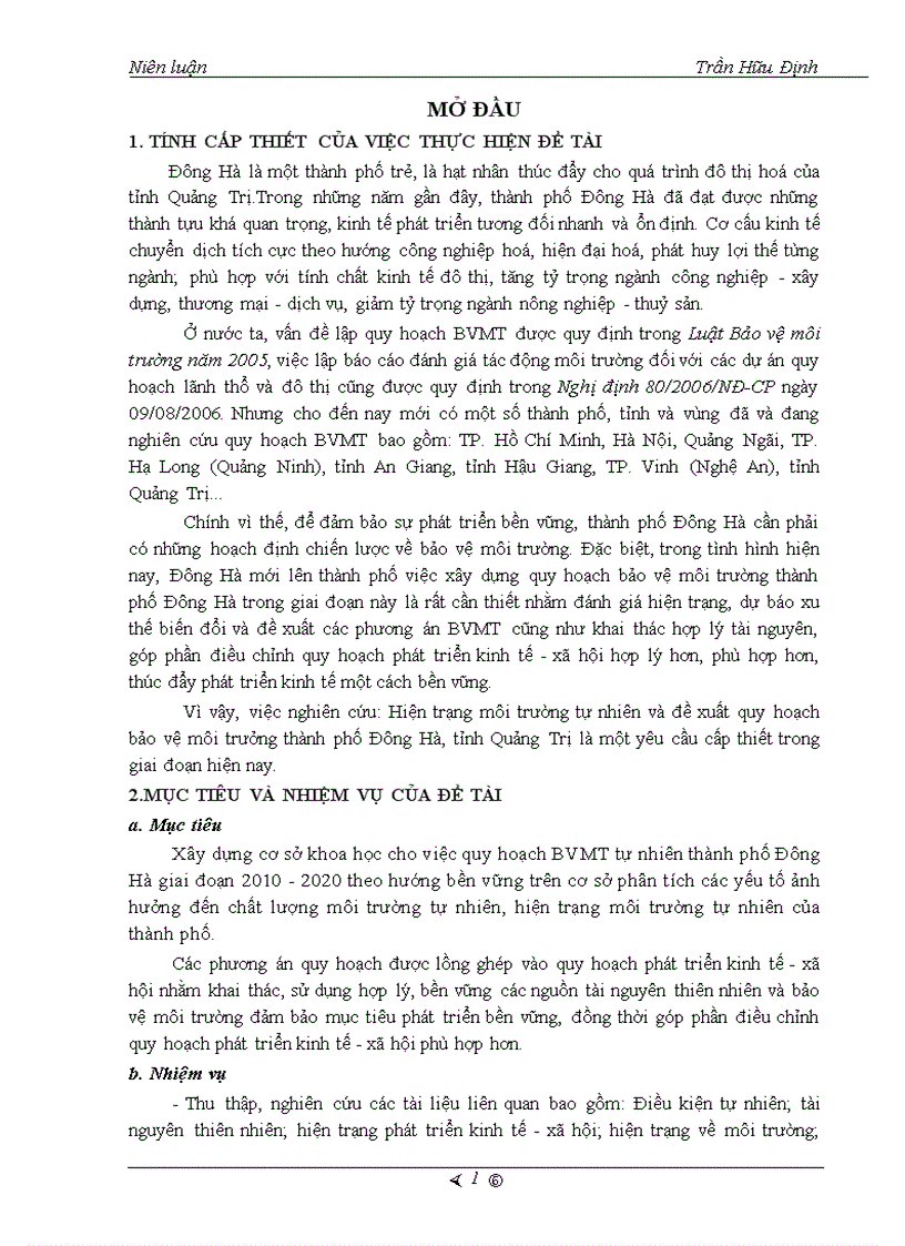 Hiện trạng môi trường tự nhiên và đề xuất quy hoạch bảo vệ môi trường ở thành phố đông hà tỉnh quảng trị