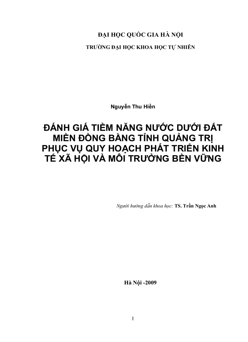 Đánh giá tiềm năng nước dưới đất miền đồng bằng tỉnh Quảng Trị phục vụ quy hoạch phát triển kinh tế xã hội và môi trường bền vững