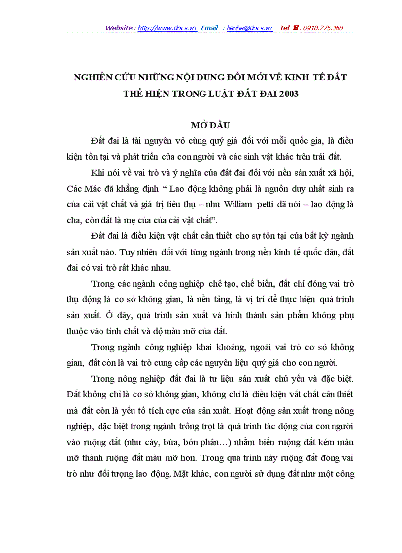 Nghiên cứu những nội dung đổi mới về kinh tế đất thể hiện trong luật đất đai 2003