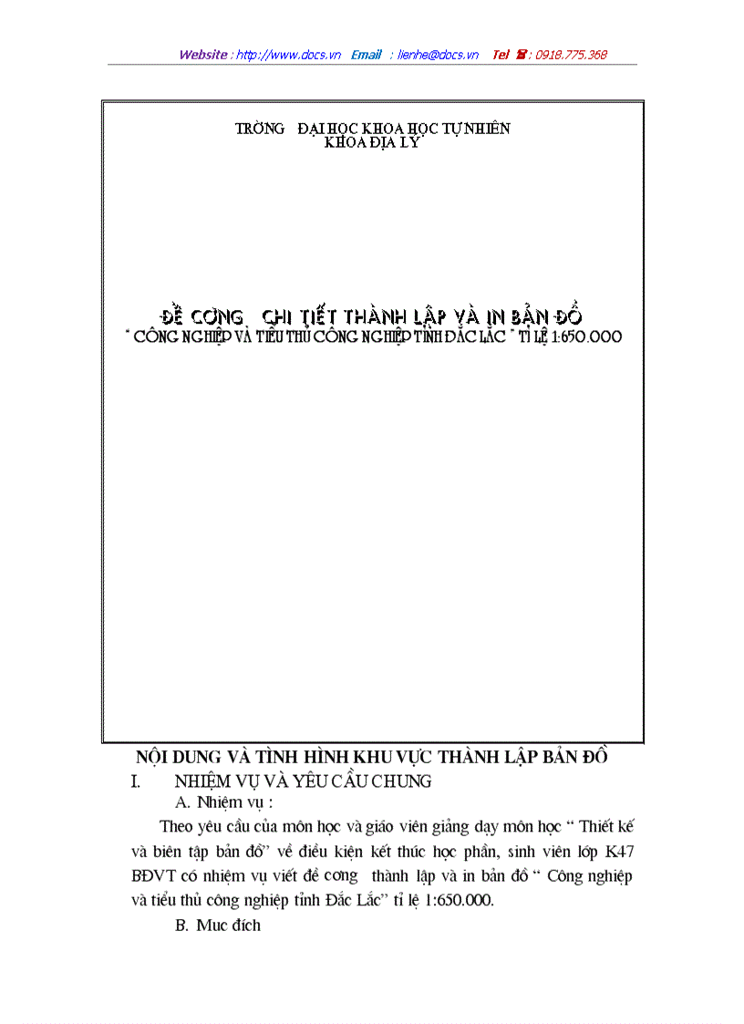 Đề cương chi tiết thành lập và in bản đồ công nghiệp và tiểu thủ công nghiệp tỉnh đắc lắc tỉ lệ 1 650 000