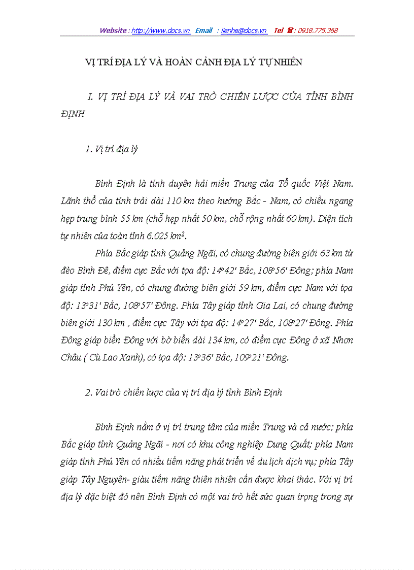 Vị trí địa lý và hoàn cảnh địa lý tự nhiên tỉnh bình định