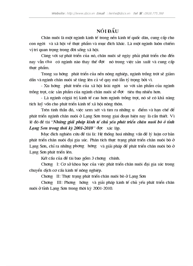 Những giải pháp kinh tế chủ yếu phát triển chăn nuôi bò ở tỉnh Lạng Sơn trong thời kỳ 2001 2010