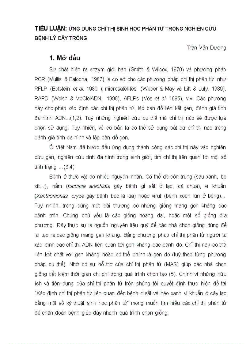 Ứng dụng chỉ thị sinh học phân tử trong nghiên cứu bệnh lý cây trồng