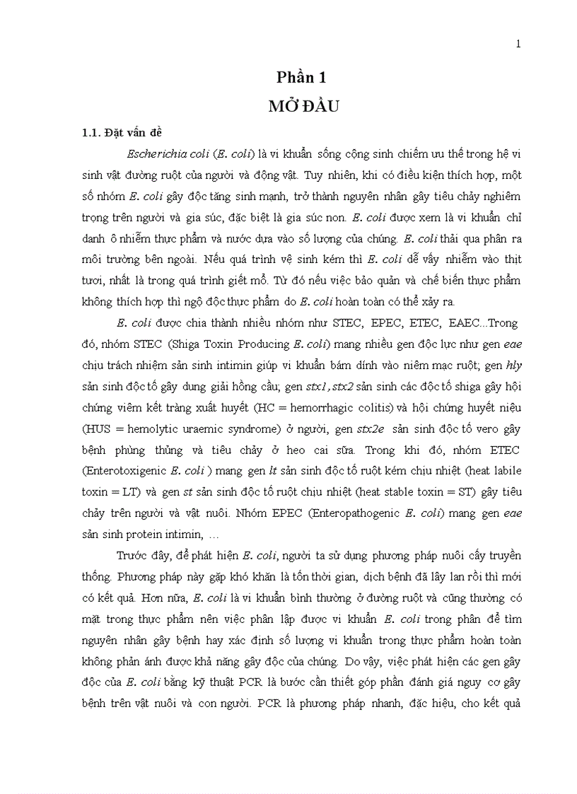 Ứng dụng kỹ thuật multiplex pcr để phát hiện các gen độc lực của vi khuẩn escherichia coli phân lập từ phân bò phân heo tiêu chảy và thịt bò