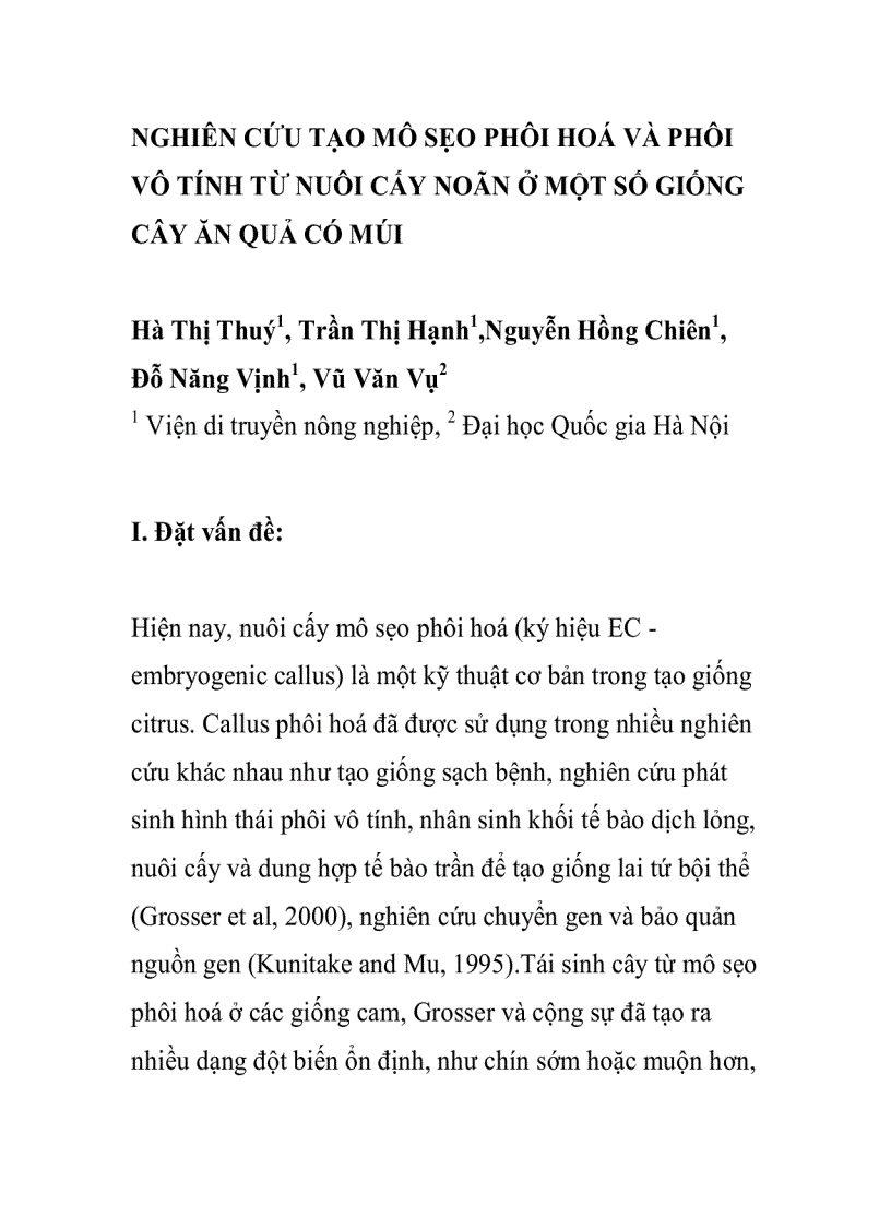 Nghiên cứu tạo mô sẹo phôi hoá và phôi vô tính từ nuôi cấy noãn ở một số giống cây ăn quả có múi