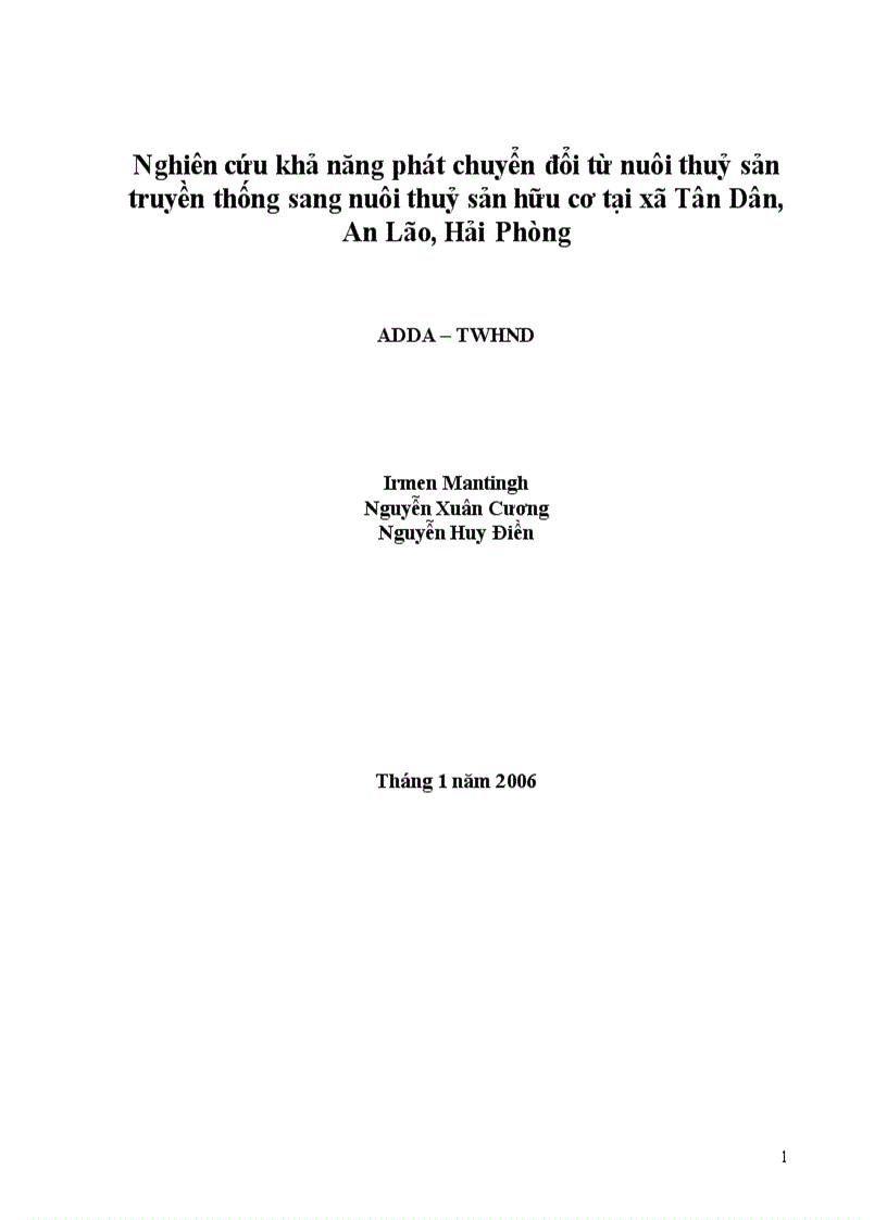 Nghiên cứu khả năng phát chuyển đổi từ nuôi thuỷ sản truyền thống sang nuôi thuỷ sản hữu cơ tại xã Tân Dân An Lão Hải Phòng