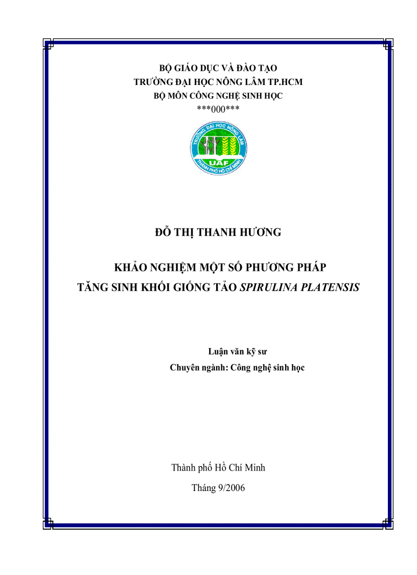 Khảo sát một số phương pháp tăng sinh khối giống tảo Spirulina platensis qui mô phòng thí nghiệm