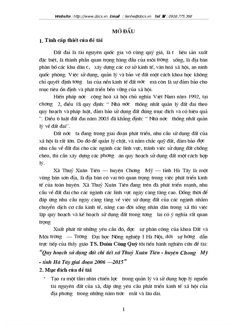 Quy hoạch sử dụng đất chi tiết xã Thuỷ Xuân Tiên huyện Chương Mỹ tỉnh Hà Tây giai đoạn 2006 2015