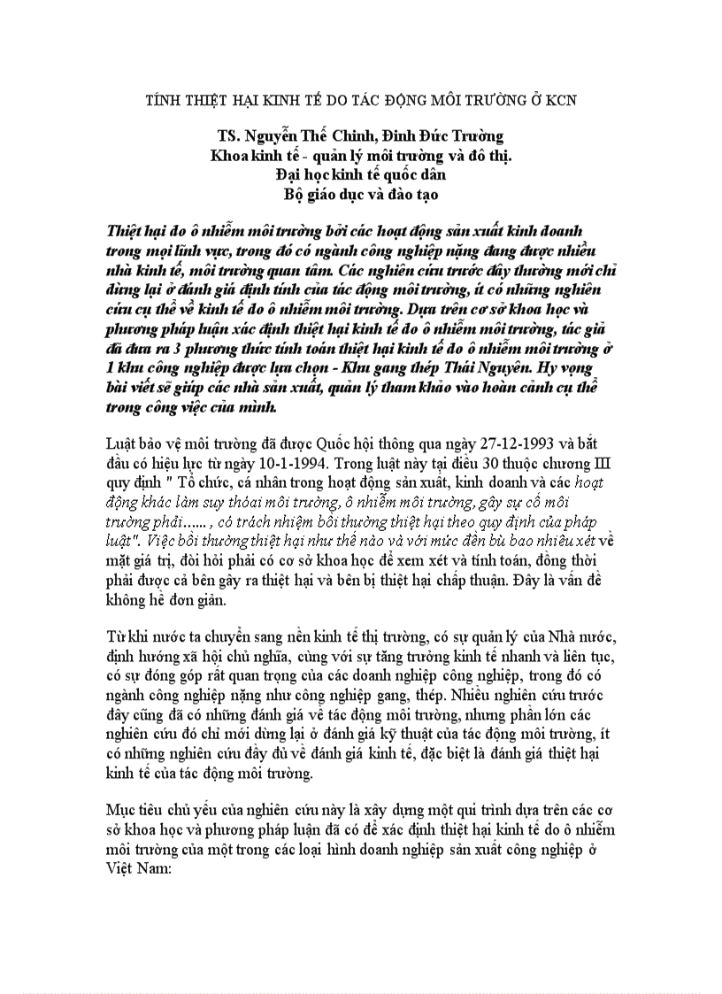 Tính thiệt hại kinh tế do tác động môi trường ở kcn