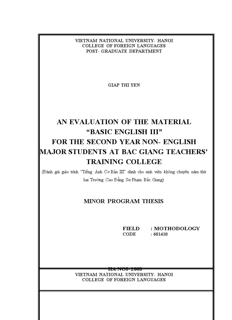 An evaluation of the material basic english iii for the second year non english major students at bac giang teachers training college