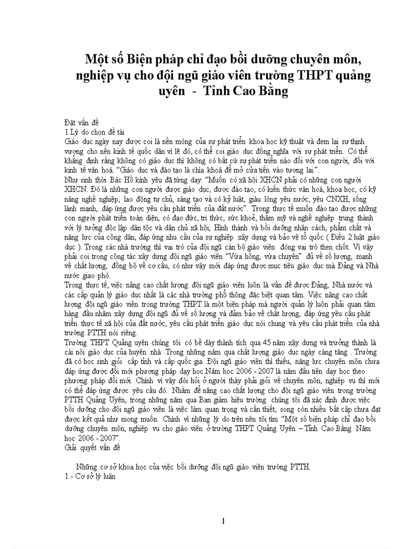 Một số Biện pháp chỉ đạo bồi dưỡng chuyên môn nghiệp vụ cho đội ngũ giáo viên trường THPT quảng uyên Tỉnh Cao Bằng