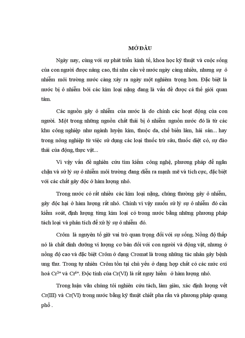 Nghiên cứu tách làm giàu xác định lượng vết Cr III và Cr VI trong nước bằng kỹ thuật chiết pha rắn và phương pháp quang phổ