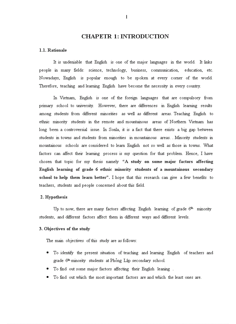 Astudy on some major factors affecting English learning of grade 6 ethnic minority students of a mountainous secondary school to help them learn bett