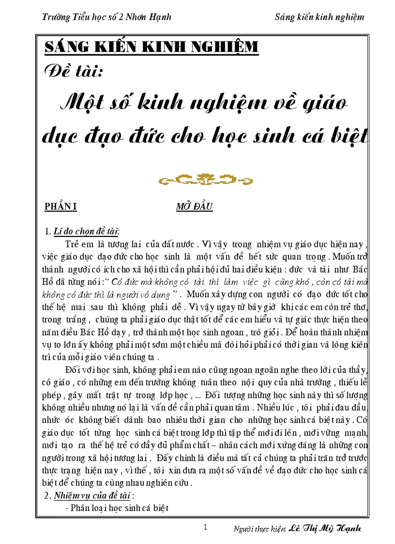 Một số kinh nghiệm về giáo dục đạo đức cho học sinh cá biệt