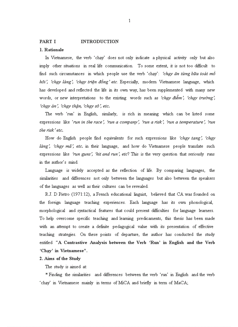 Acontrastive analysis between the verb run in english and the verb chạy in vietnamese