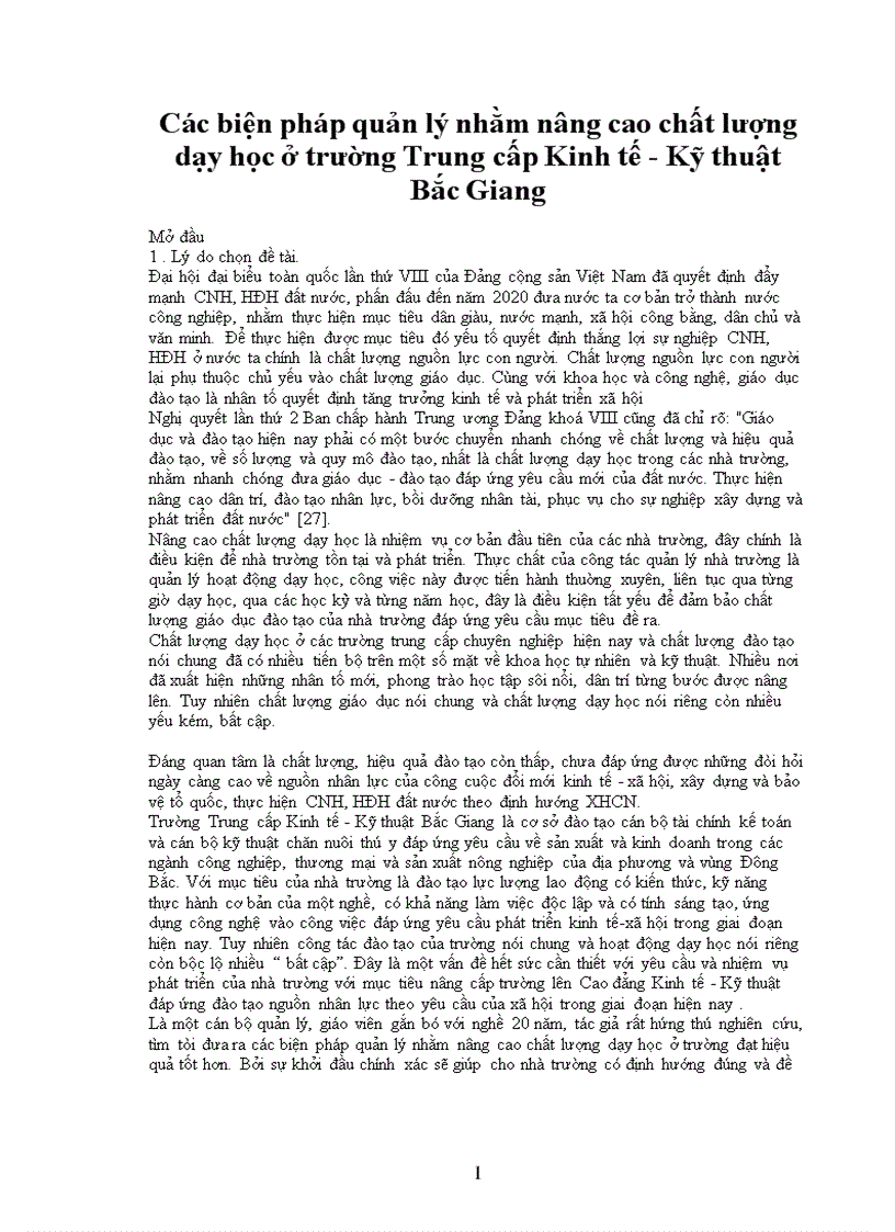 Các biện pháp quản lý nhằm nâng cao chất lượng dạy học ở trường Trung cấp Kinh tế Kỹ thuật Bắc Giang