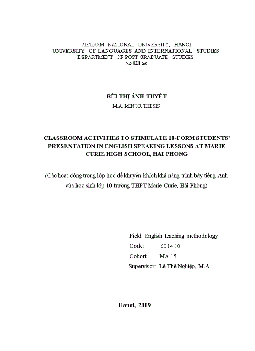 Classroom activities to stimulate 10 form students presentation in english speaking lessons at marie curie high school hai phong