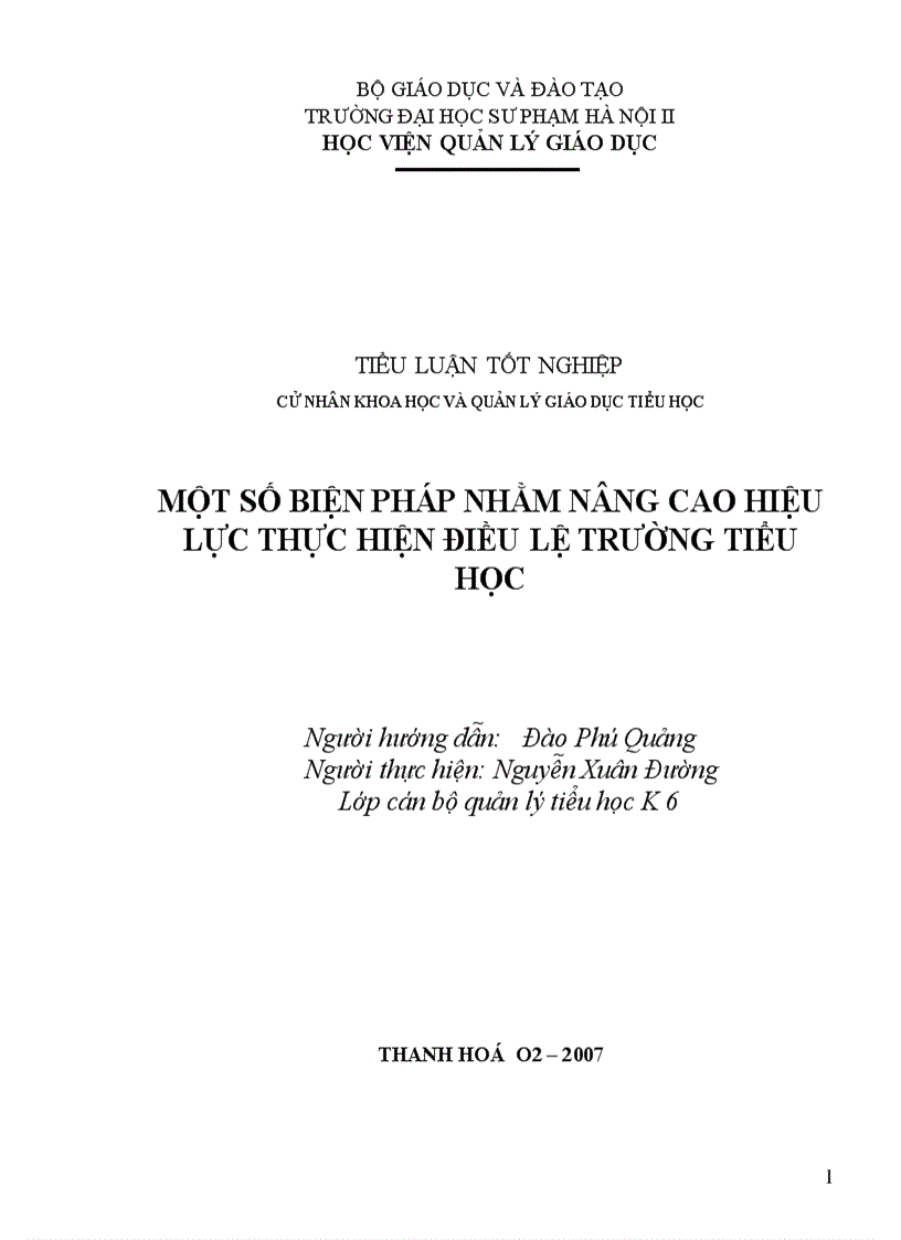 Một số biện pháp nhằm nâng cao hiệu lực thực hiện điều lệ trường tiểu học