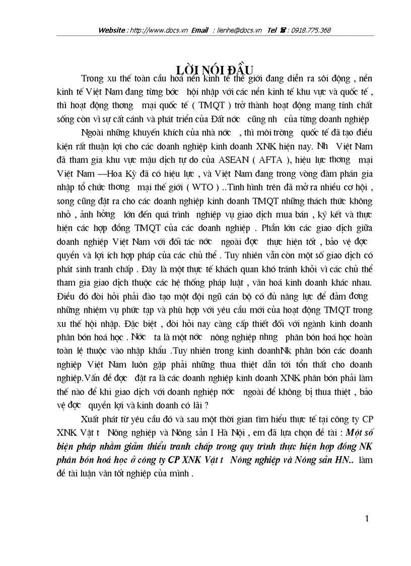 Một số biện pháp nhằm giảm thiểu tranh chấp trong quy trình thực hiện hợp đồng NK phân bón hoá học ở công ty CP XNK Vật tư Nông nghiệp và Nông sản HN