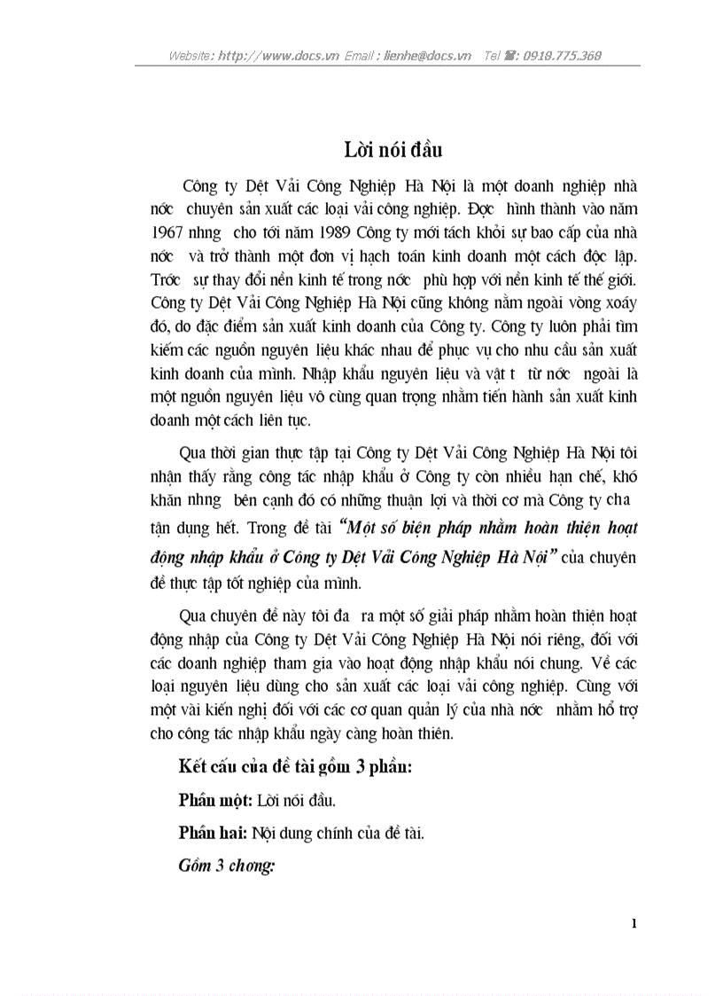 Một số biện pháp nhằm hoàn thiện hoạt động nhập khẩu ở Công ty Dệt Vải Công Nghiệp Hà Nội