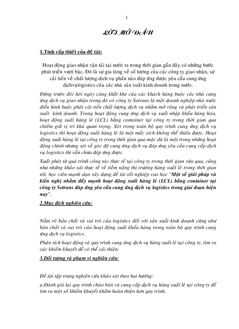 Một số giải pháp và kiến nghị nhằm đẩy mạnh hoạt động xuất hàng lẻ LCL bằng container tại công ty Sotrans đáp ứng yêu cầu cung ứng dịch vụ logistics trong giai đoạn hiện nay