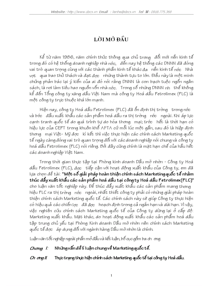 1số giải pháp hoàn thiện chính sách Marketing quốc tế nhằm thúc đẩy XK các SP hoá dầu tại C ty Hoá dầu PETROLIMEX PLC
