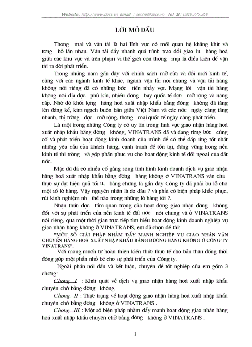 Một số giải pháp nhằm đẩy mạnh nghiệp vụ giao nhận vận chuyển hàng hoá xuất nhập khẩu bằng đừòng hàng không ở công ty vinatrans