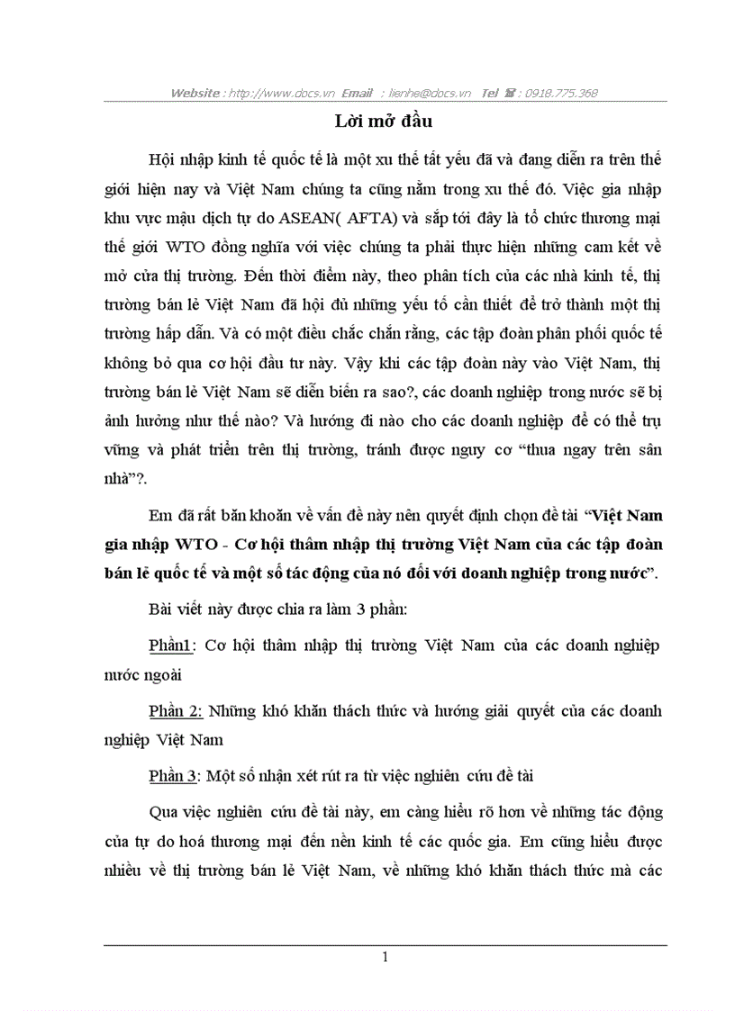 VN gia nhập WTO Cơ hội thâm nhập thị trường VN của các tập đoàn bán lẻ quốc tế 1 số tác động của nó đối với DN trong nước
