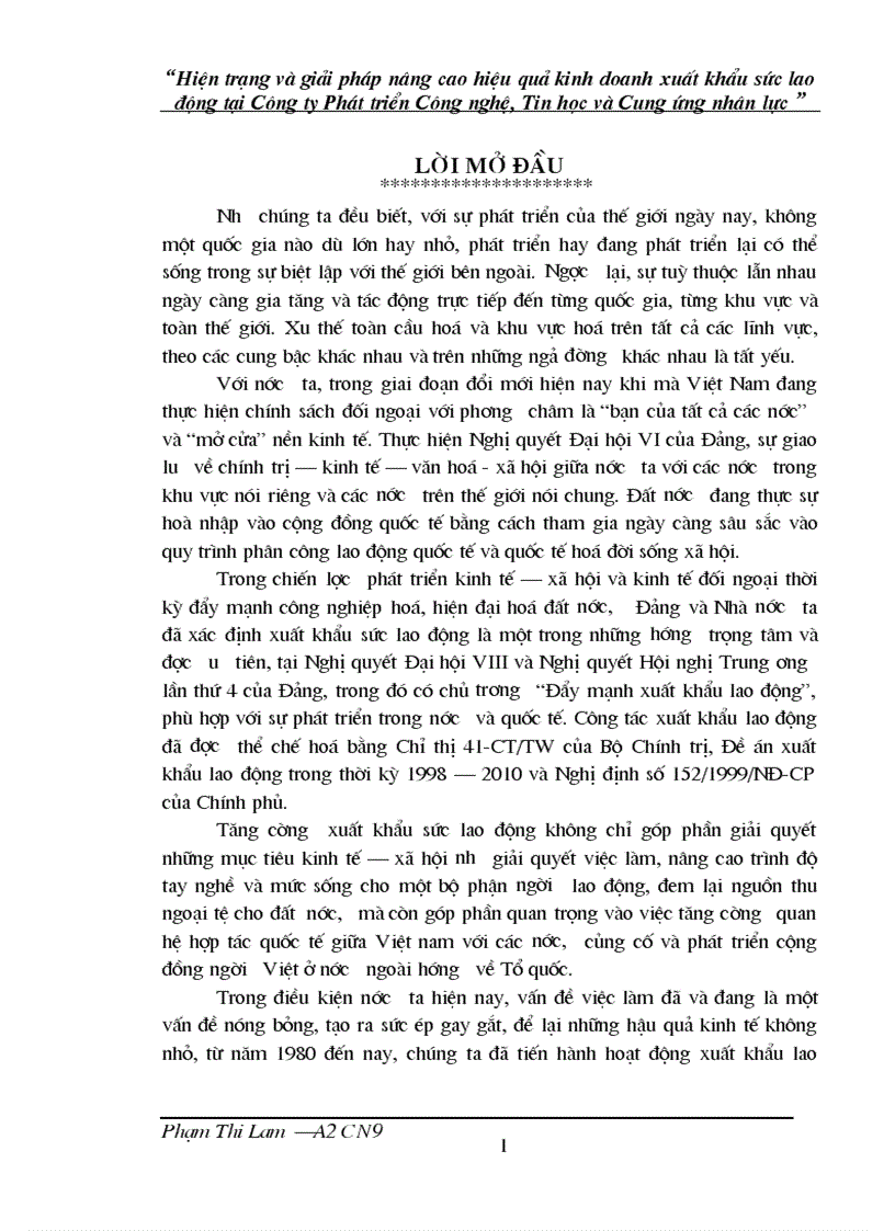 Hiện trạng và giải pháp nâng cao hiệu quả kinh doanh xuất khẩu sức lao động tại Công ty Phát triển Công nghệ Tin học và Cung ứng nhân lực