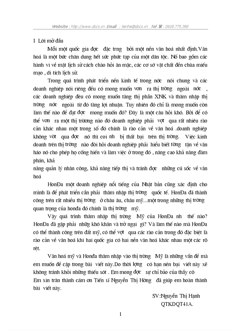 Văn hoá Mỹ quá trình thâm nhập của HONDA vào thị trường Mỹ