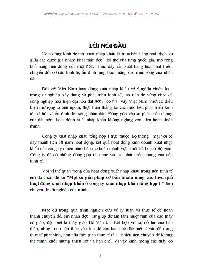 Một số giải pháp cơ bản nhằm nâng cao hiệu quả hoạt động xuất nhập khẩu ở công ty xuất nhập khẩu tổng hợp I