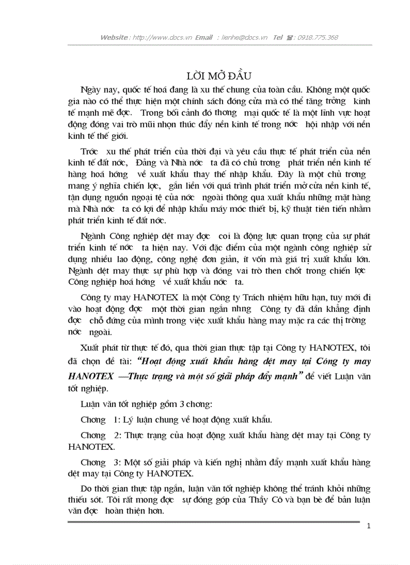 Hoạt động xuất khẩu hàng dệt may tại Công ty may HANOTEX Thực trạng và một số giải pháp đẩy mạnh