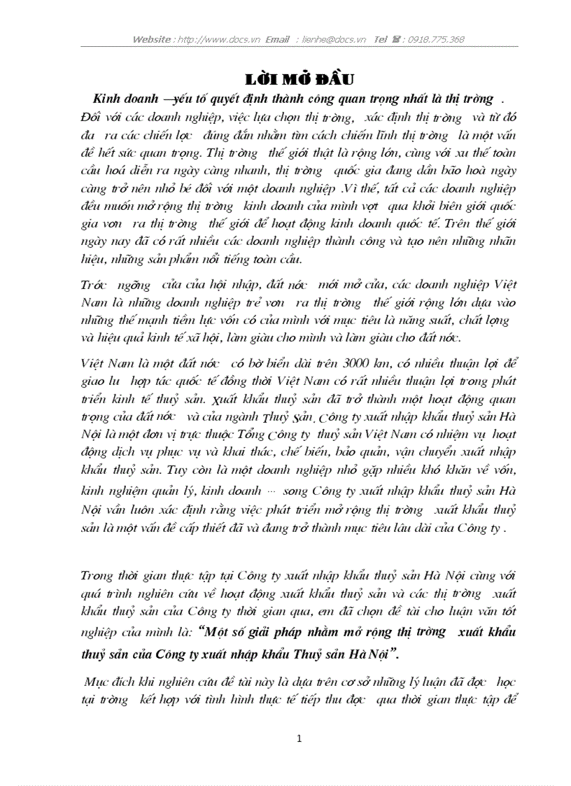 Một số giải pháp nhằm mở rộng thị trường xuất khẩu thuỷ sản của Công ty xuất nhập khẩu Thuỷ sản Hà Nội