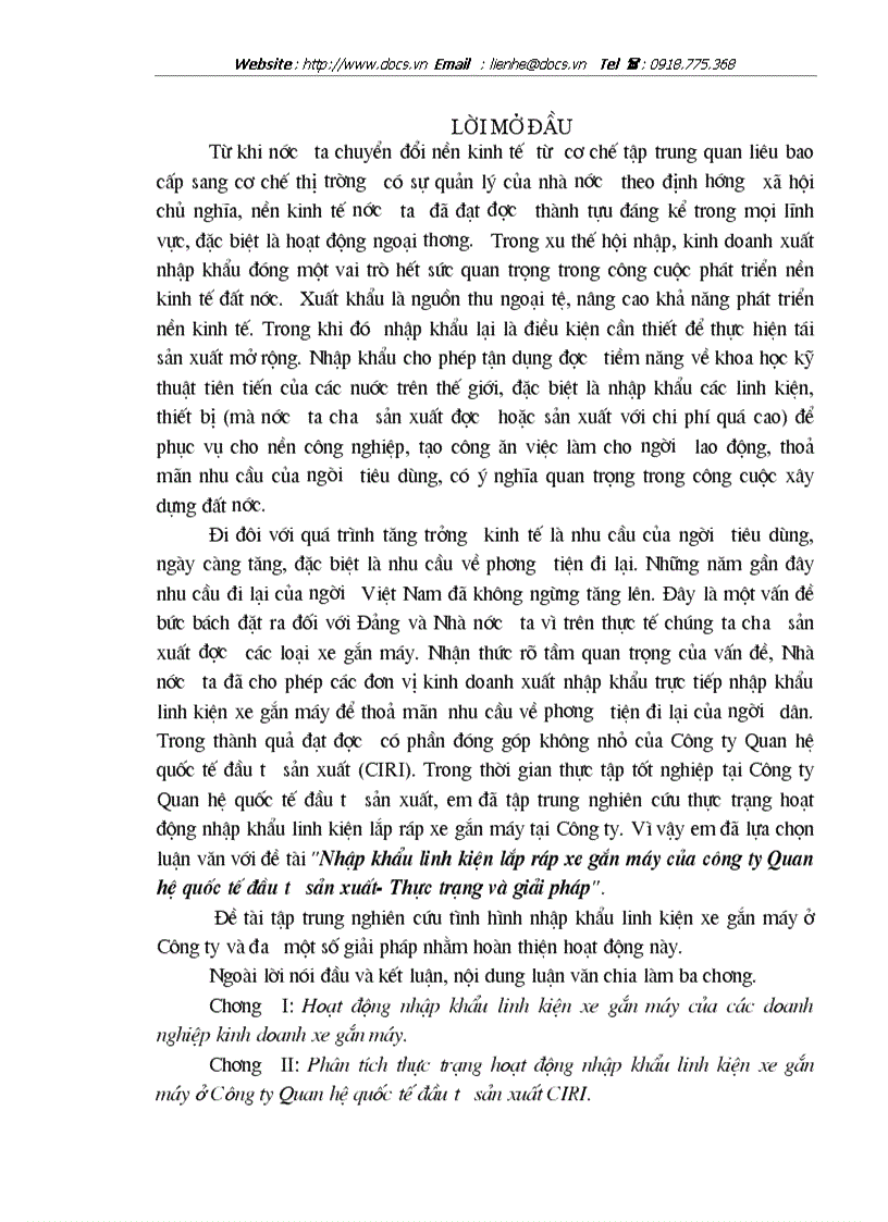 Nhập khẩu linh kiện lắp ráp xe gắn máy của công ty Quan hệ quốc tế đầu tư sản xuất Thực trạng và giải pháp