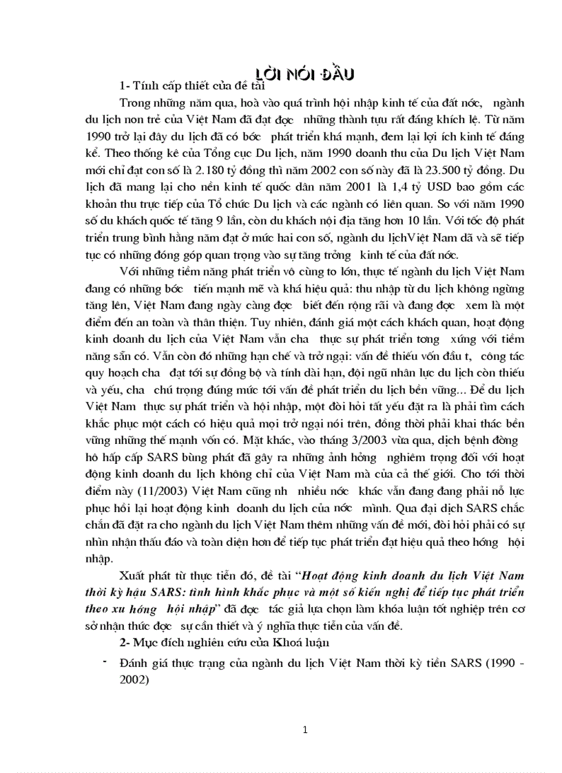 Hoạt động kinh doanh du lịch Việt Nam thời kỳ hậu SARS tình hình khắc phục và một số kiến nghị để tiếp tục phát triển theo xu hướng hội nhập