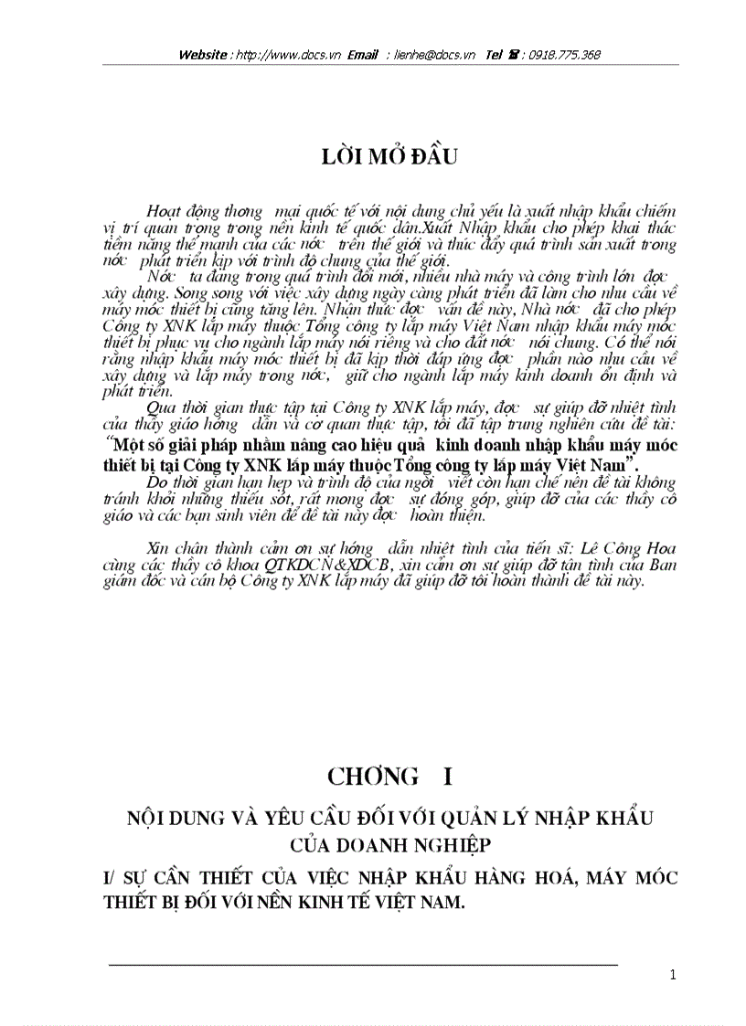 Một số giải pháp nhằm nâng cao hiệu quả kinh doanh nhập khẩu máy móc thiết bị tại Công ty XNK lắp máy thuộc Tổng công ty lắp máy Việt Nam