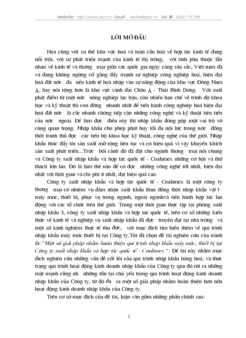 Một số giải pháp nhằm hoàn thiện qui trình nhập khẩu máy móc thiết bị tại Công ty xuất nhập khẩu và hợp tác quốc tế Coalimex