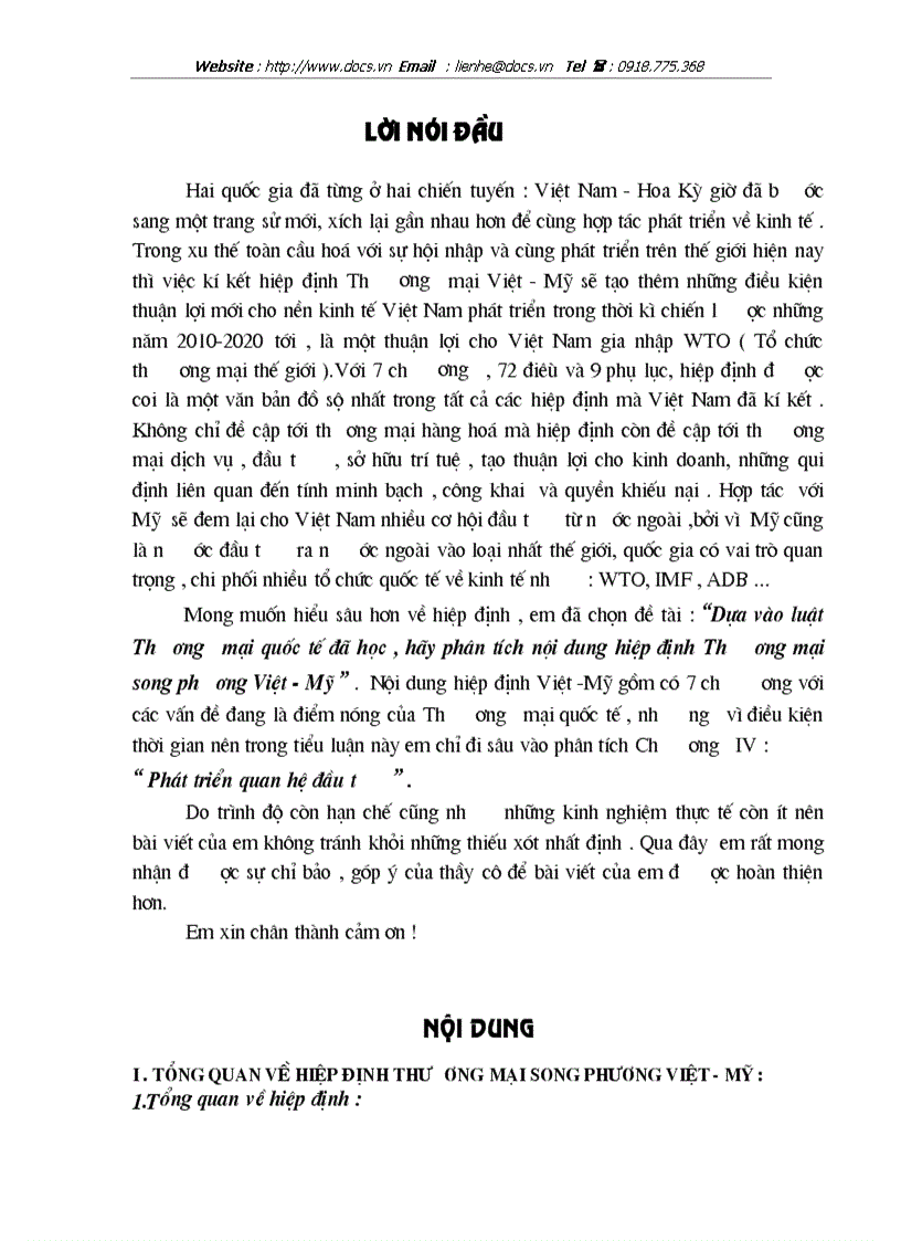 Dựa vào luật Thương mại quốc tế đã học hãy P tích nội dung hiệp định Thương mại song phương Việt Mỹ