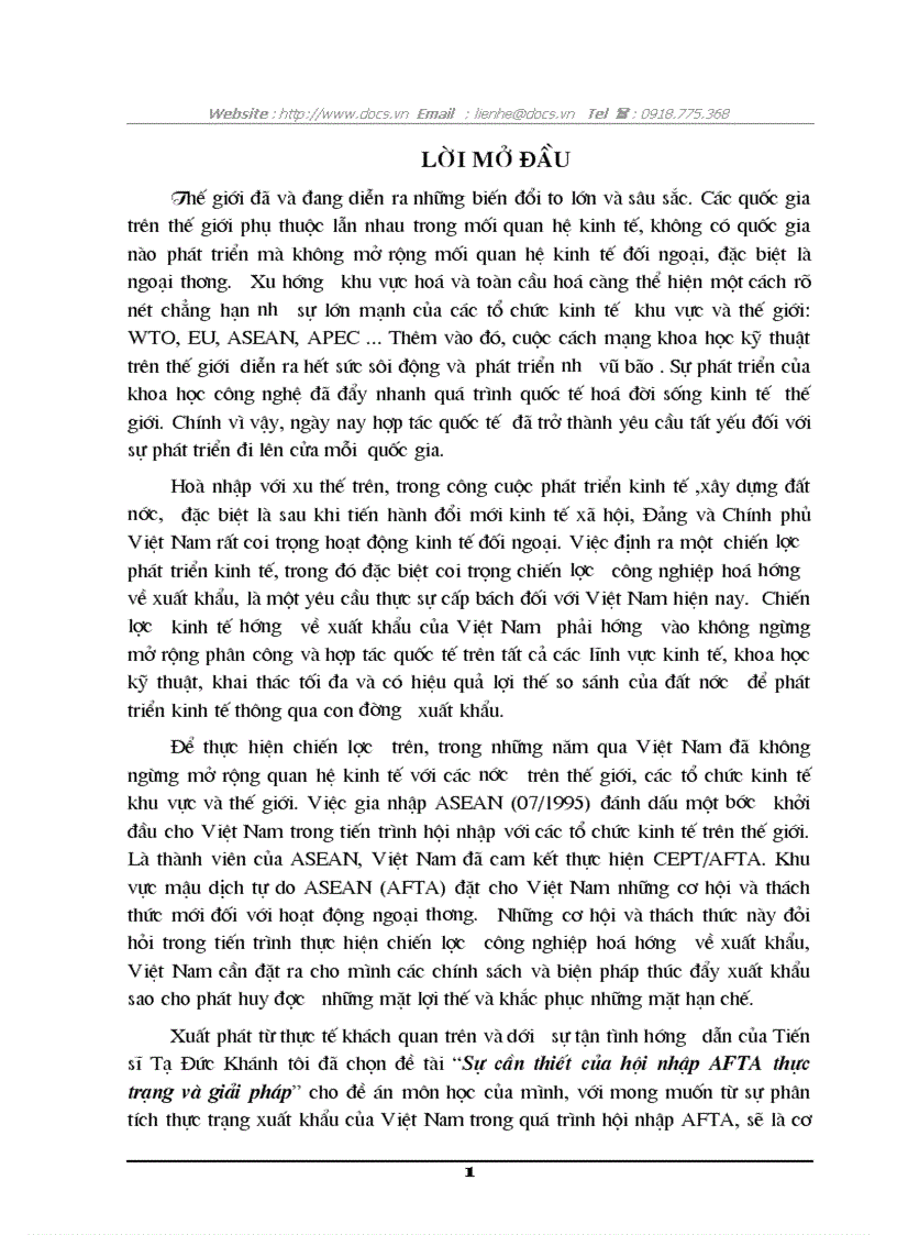 Sự cần thiết của hội nhập AFTA thực trạng giải pháp