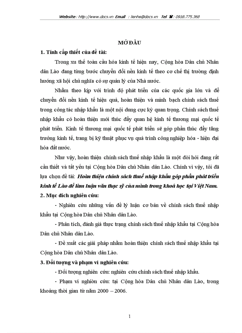 Hoàn thiện chớnh sỏch thuế nhập khẩu gúp phần phỏt triển kinh tế Lào để làm luận văn thạc sỹ của mỡnh trong khoỏ học tại Việt Nam