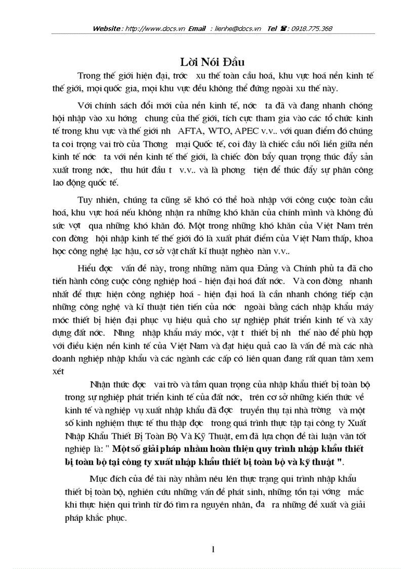 Một số giải pháp nhằm hoàn thiện quy trình nhập khẩu thiết bị toàn bộ tại công ty xuất nhập khẩu thiết bị toàn bộ và kỹ thuật