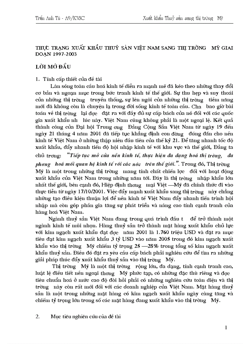 Thực trạng xuất khẩu thuỷ sản việt nam sang thị trường mỹ giai đoạn 1997 2003