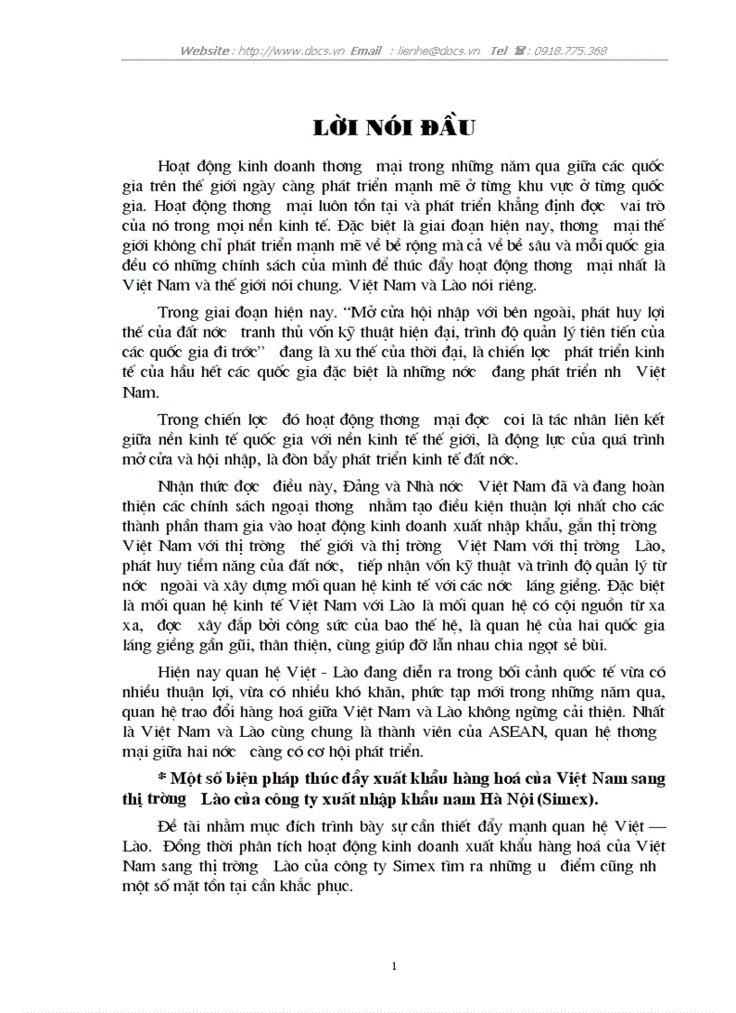 Một số biện pháp thúc đẩy xuất khẩu hàng hoá của Việt Nam sang thị trường Lào của công ty xuất nhập khẩu nam Hà Nội Simex