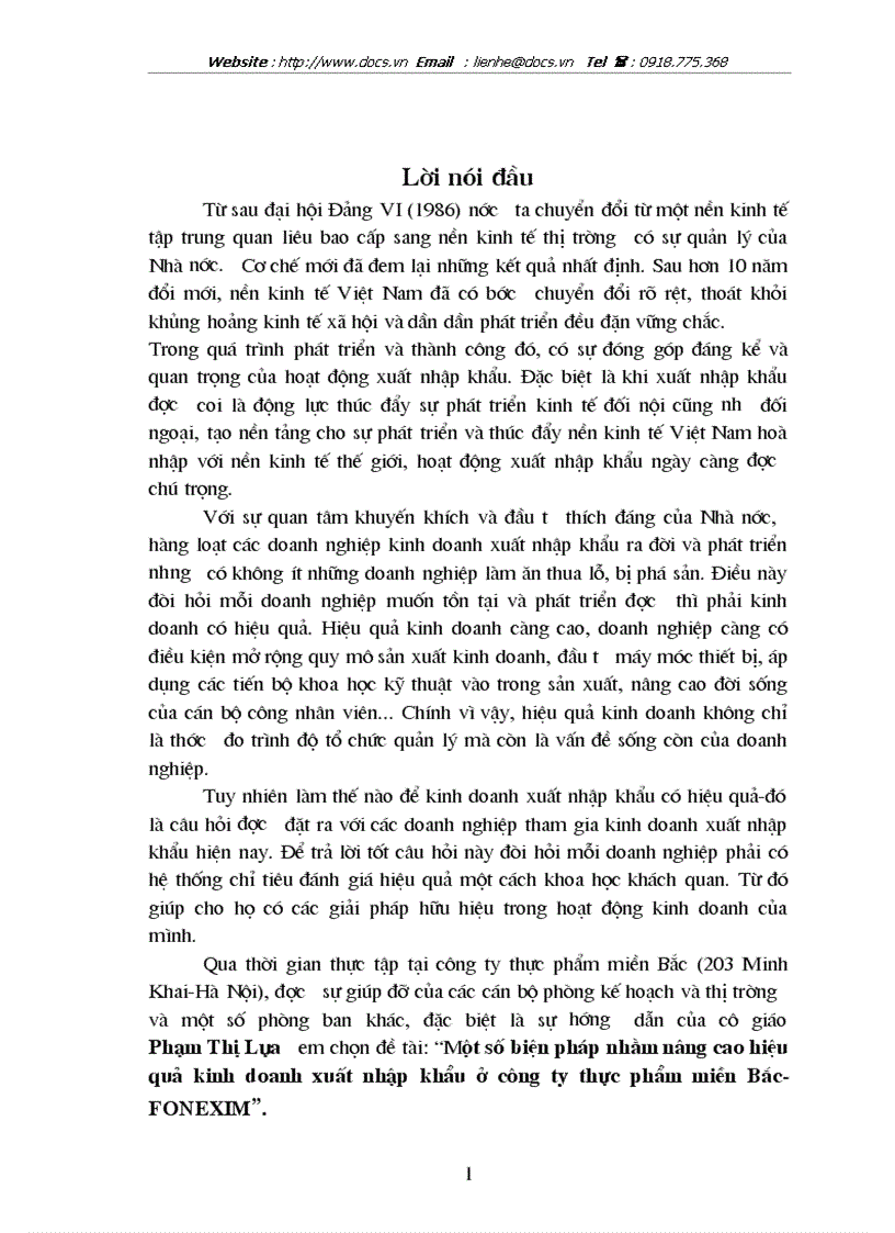 Một số biện pháp nhằm nâng cao hiệu quả kinh doanh xuất nhập khẩu ở công ty thực phẩm miền Bắc FONEXIM