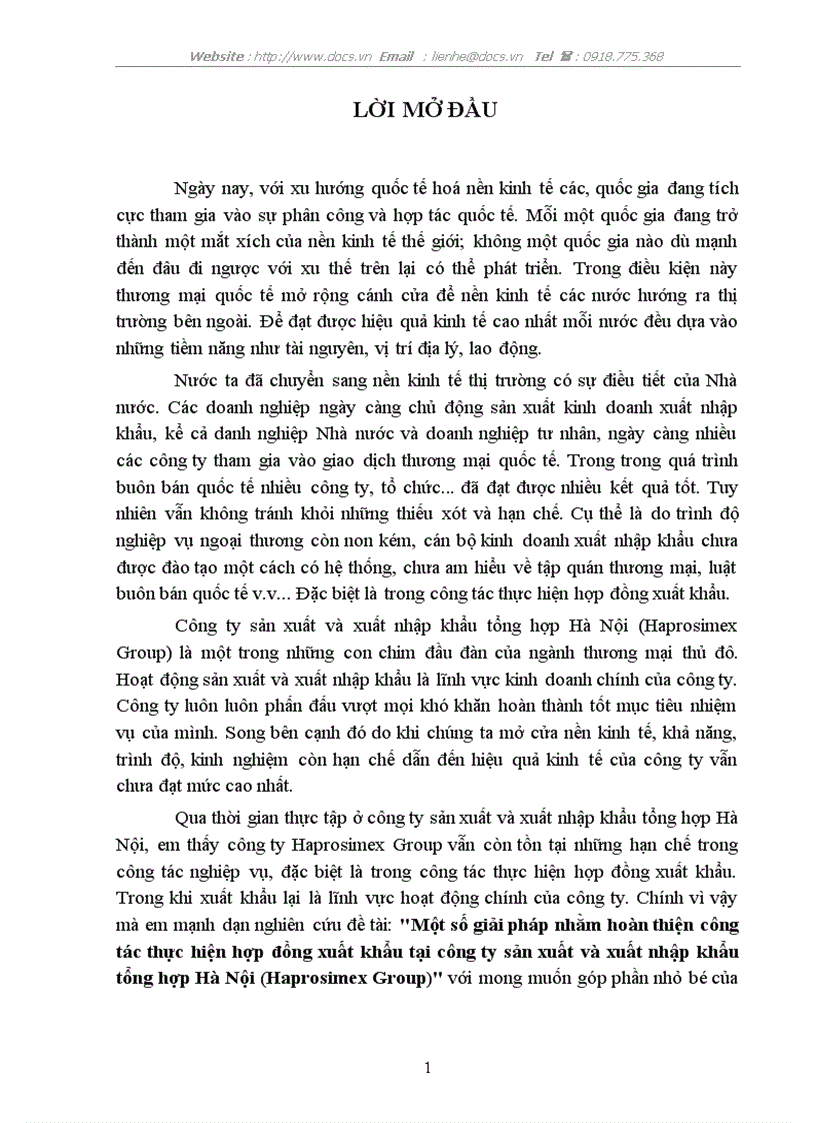Một số giải phỏp nhằm hoàn thiện cụng tỏc thực hiện hợp đồng xuất khẩu tại công ty sản xuất và xuất nhập khẩu tổng hợp Hà Nội Haprosimex Group