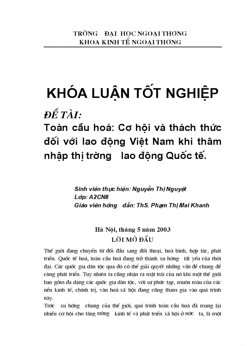 Toàn cầu hoá Cơ hội và thách thức đối với lao động Việt Nam khi thâm nhập thị trường lao động Quốc tế