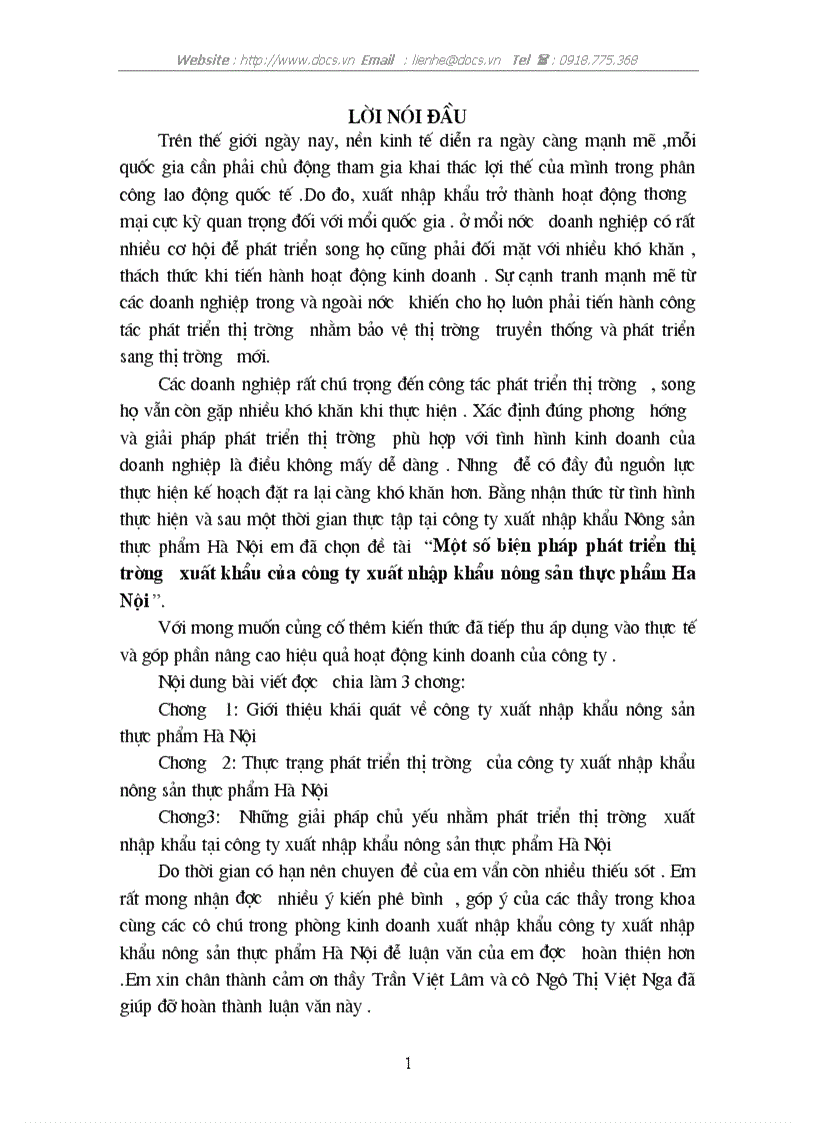 Một số biện pháp phát triển thị trường xuất khẩu của công ty xuất nhập khẩu nông sản thực phẩm Ha Nội